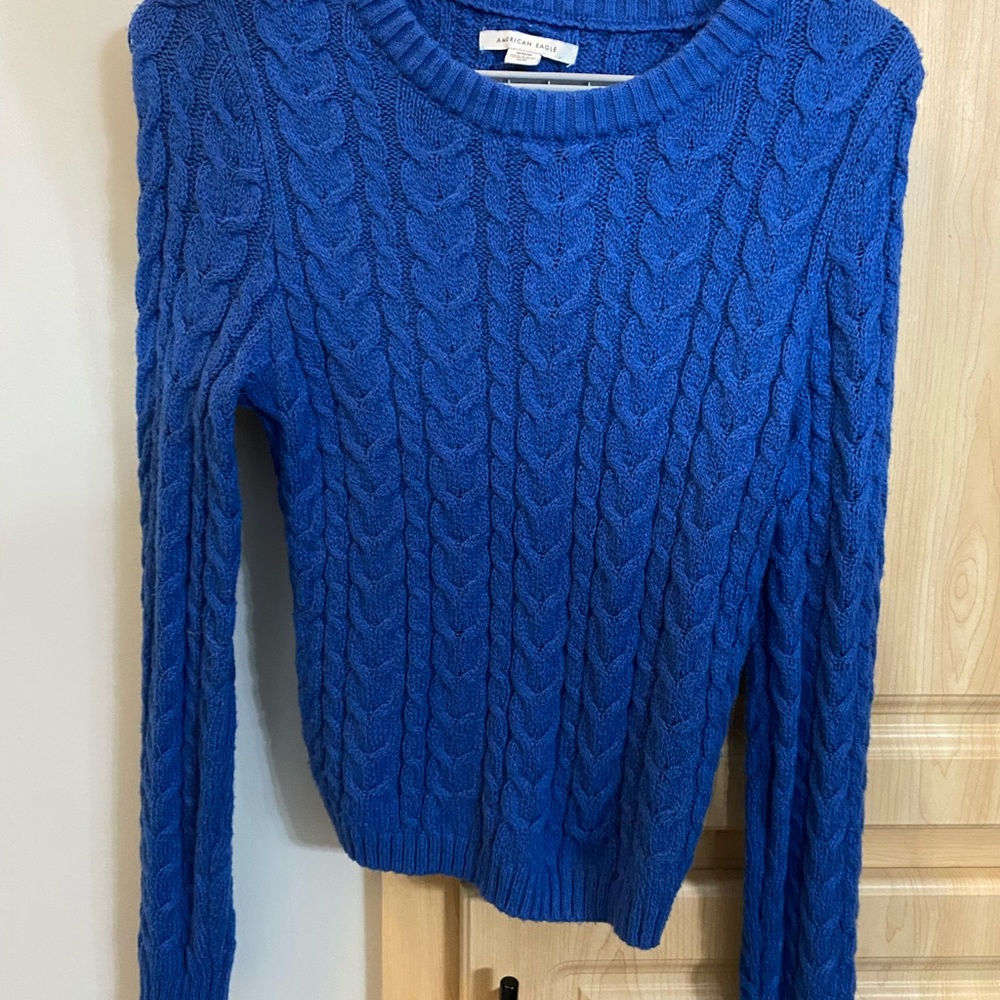 American Eagle Outfitters Blue Cable Knit Crew Neck Sweater